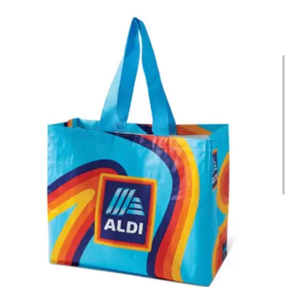 4 x ALDI large retro orange blue rainbow design large reusable shopping tote bag